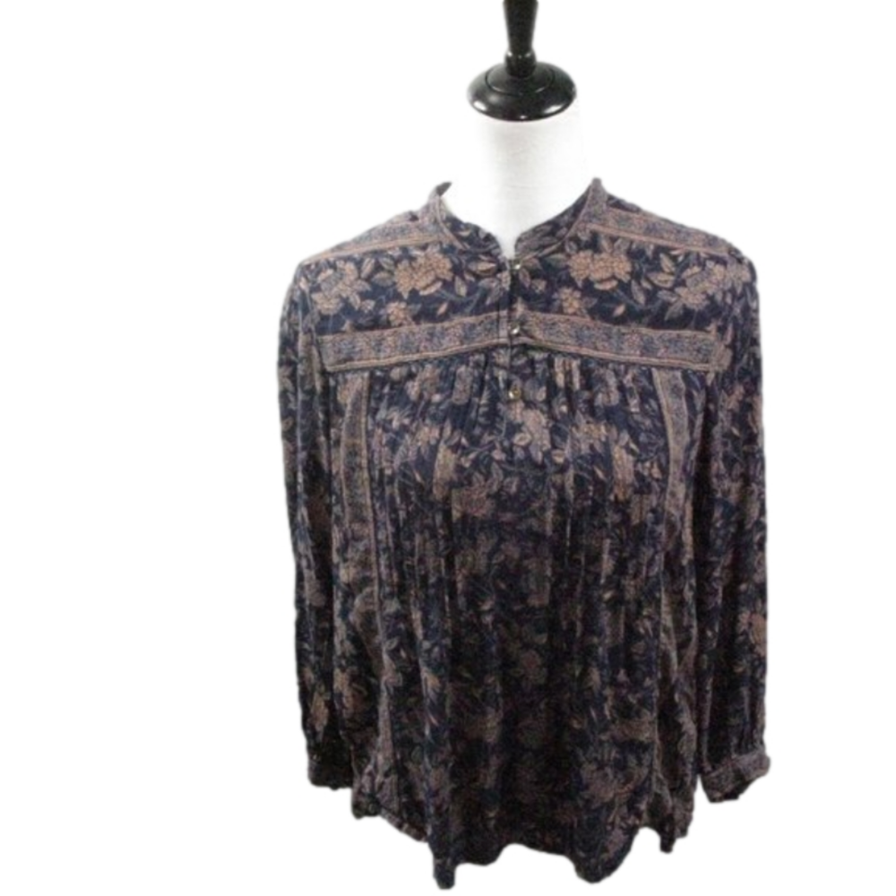 Lucky Brand Black/Orange Floral Partial Button Front Blouse Size Small